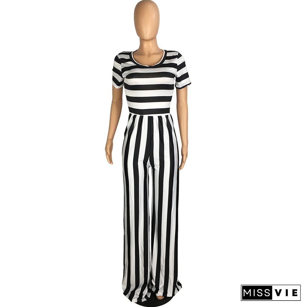 Striped Print Short Sleeve Wide Leg Jumpsuit