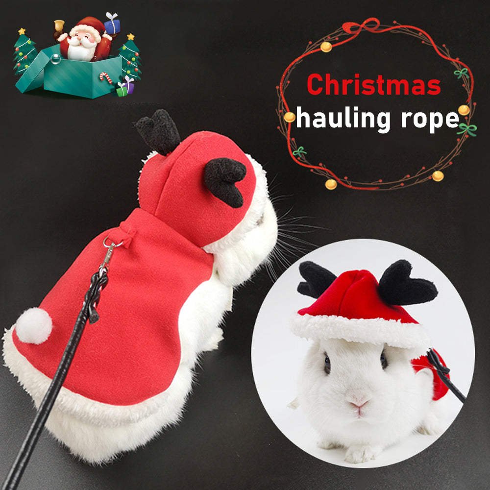 Ugerlov Small Animals Christmas Costume Christmas Rabbit Harness and Leash Set Rabbit Xmas Cape with Deer Antler Bunny Warm Christmas Clothes Guinea Pig Apparel for Ferret Kitten Chihuahua Mini Dog S