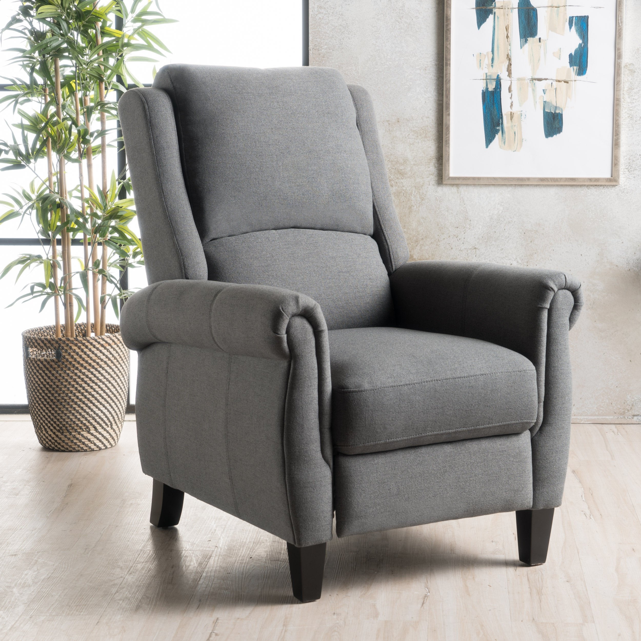 Harrah Charcoal Fabric Upholstered Push-Back Recliner with Scrolled Arms