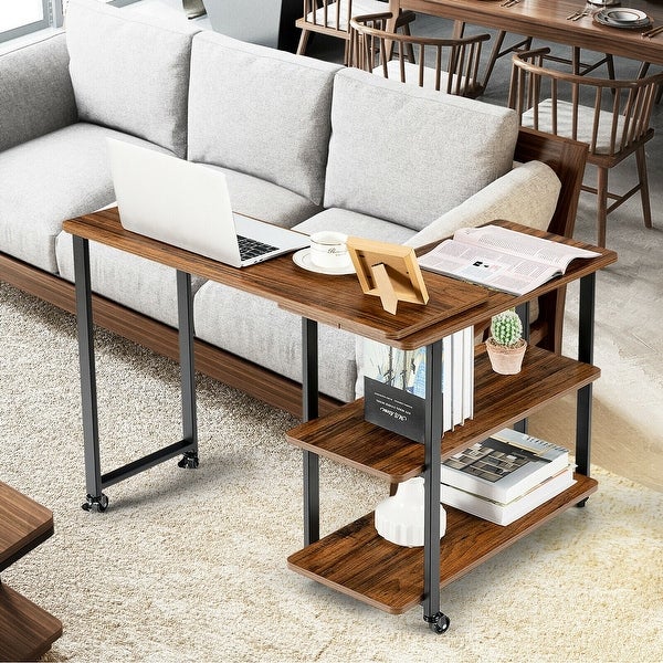 360° Rotating Sofa Side Table with Storage Shelves and Wheels - 49.5