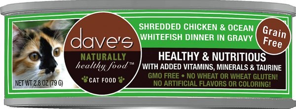 Dave's Pet Food Shredded Chicken and Ocean Whitefish Dinner in Gravy Recipe Wet Cat Food， 2.8-oz can， case of 24