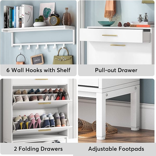 Shoe Cabinet Flip Drawer and Wall Mounted Coat Shelf Set - - 36100544