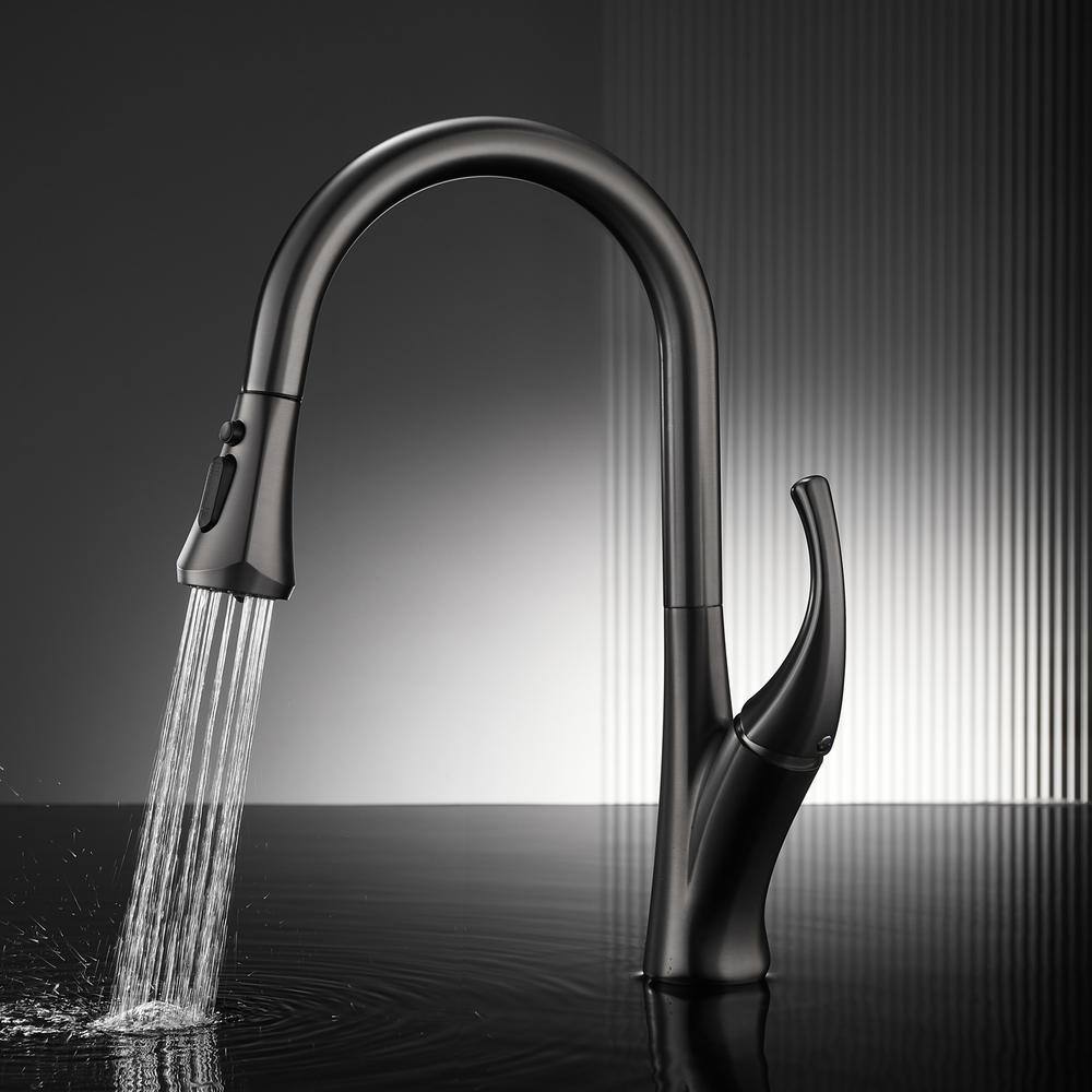 Kastner Single-Handle Deck Mount Pull-Out Sprayer Kitchen Faucet with Supply Lines in Metal Gray TKS400GR