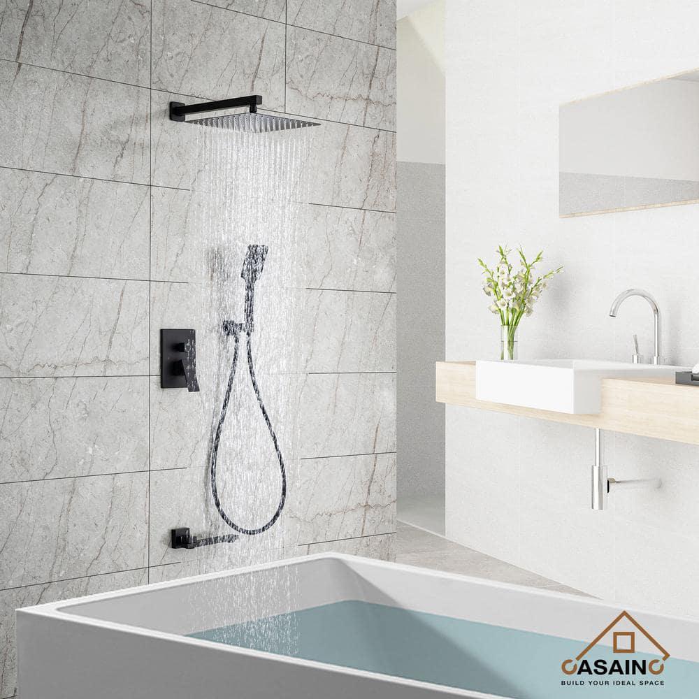 CASAINC 1Handle 3Spray Pattern 12 in Wall Mount Shower Set Shower Head Tub and Shower Faucet Matte Black