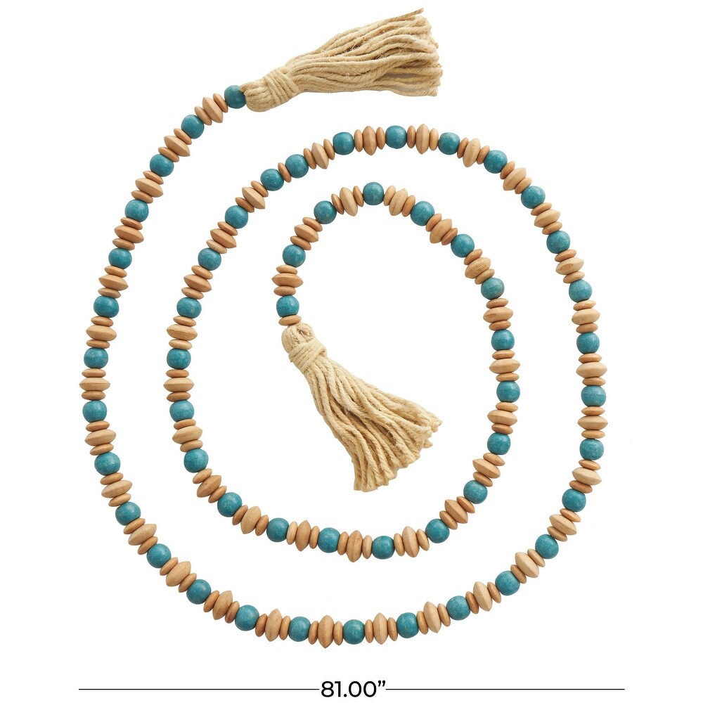 Teal Mango Wood Handmade Round Long Carved Beaded Garland with Tassel with Brown Beaded Disks