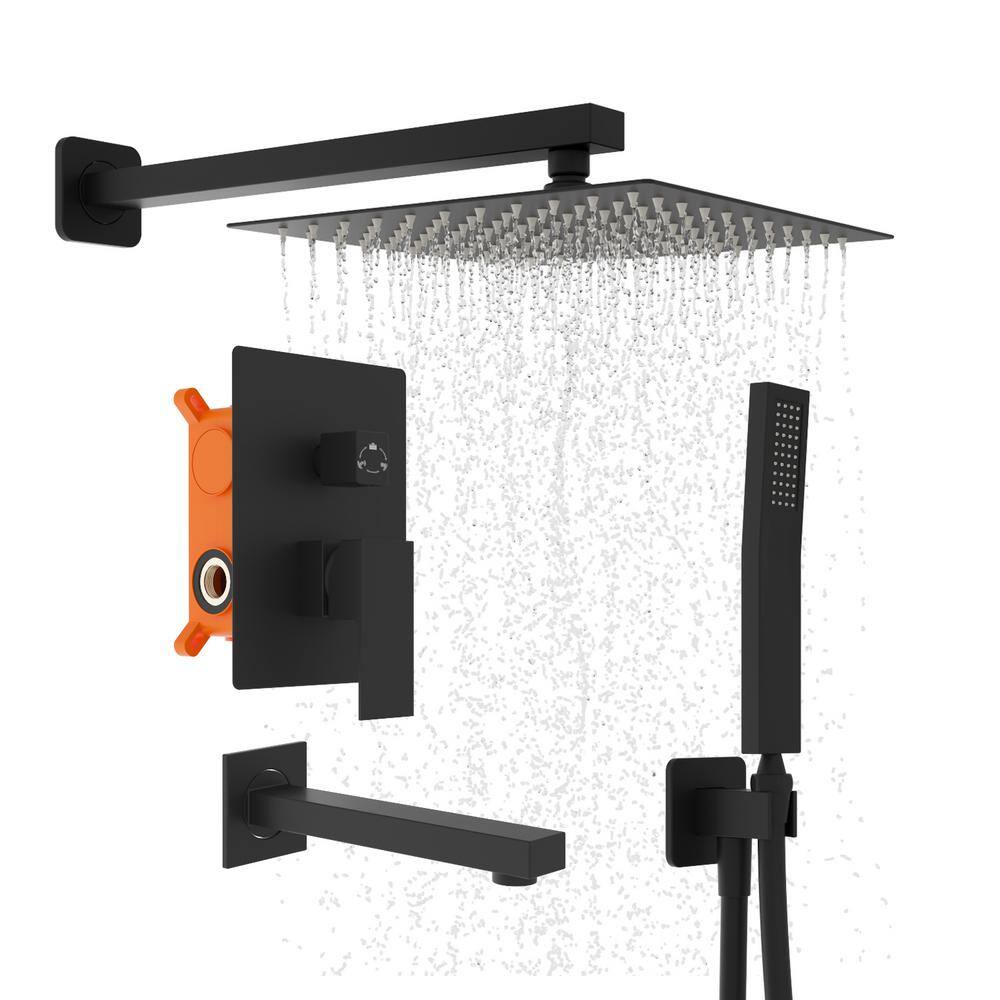 Kingdely 3-Spray Patterns Wall Bar Shower Kit With Hand Shower and 9.8 in. Square Rain Shower Head With Valve in Matte Black LBB-KF020287-01-c