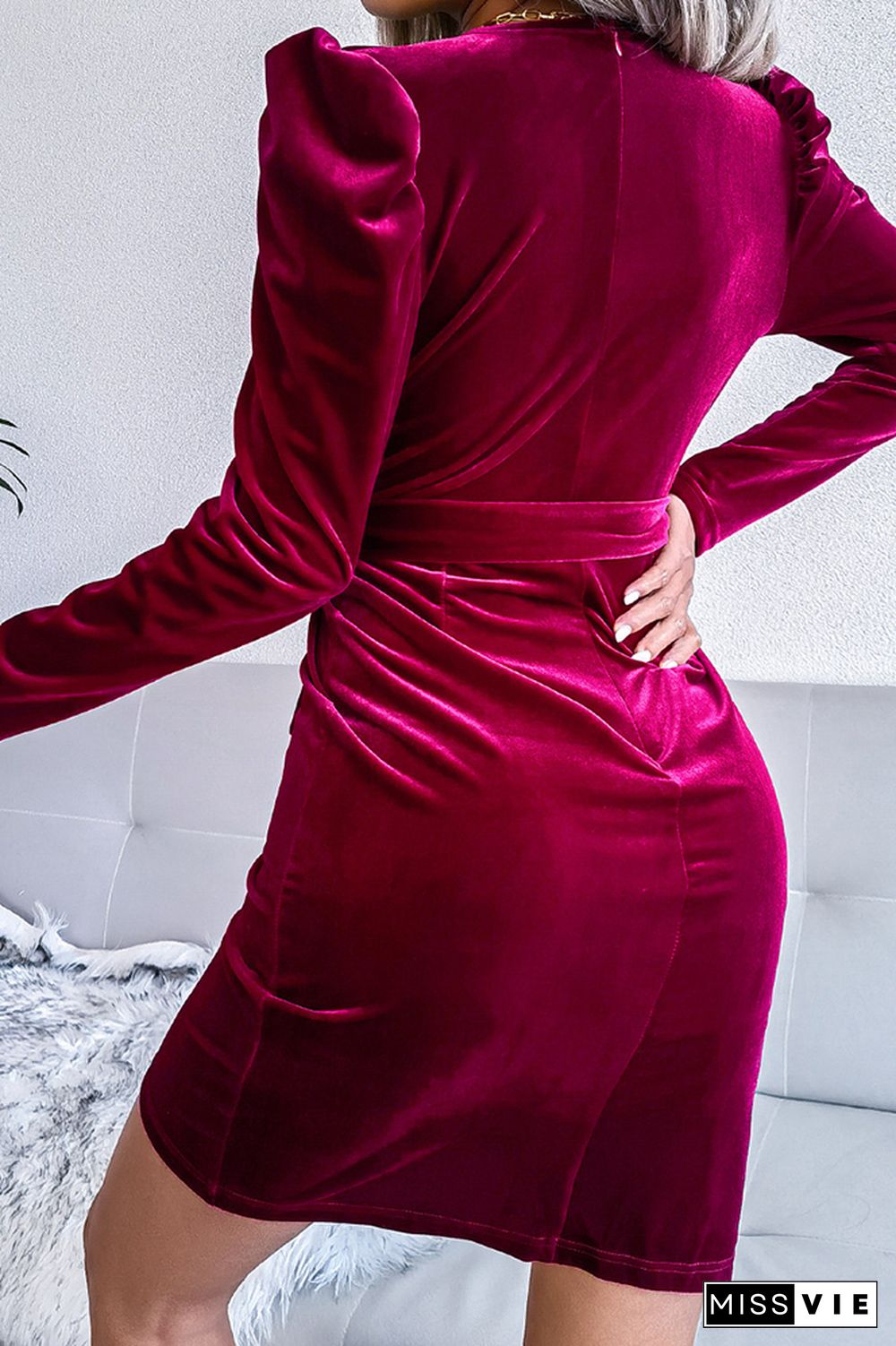 Puffy Sleeves Wrap V Neck Velvet Bodycon Dress