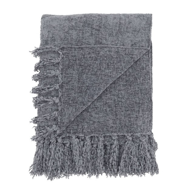 Chenille Throw Blanket With Fringed Edges Gray Saro Lifestyle