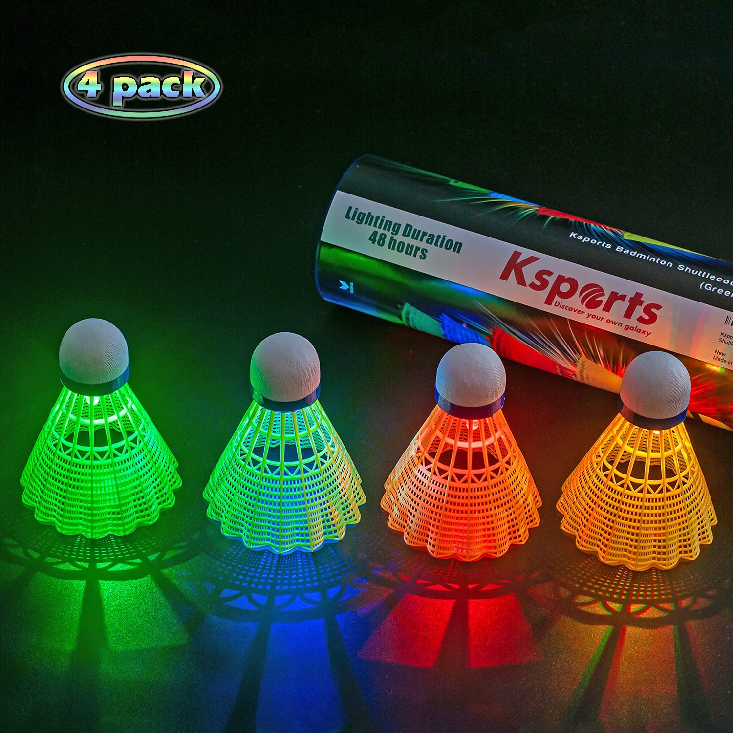 Ksports LED Badminton Shuttlecocks Nylon 4 Pack Tube − Glow in The Dark Birdies