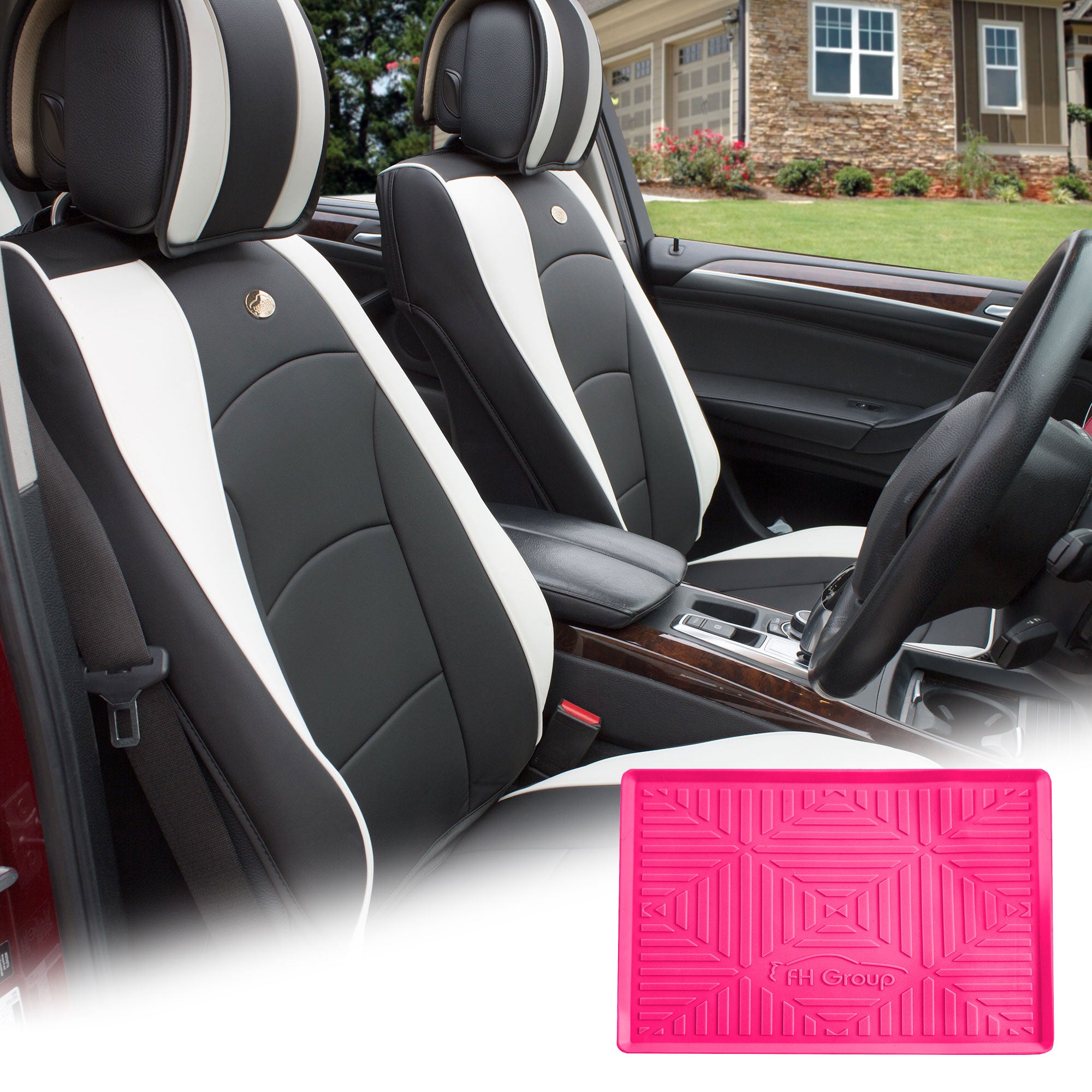 FH Group Black White Leatherette Front Bucket Seat Cushion Covers for Auto Car SUV Truck Van with Magenta Dash Mat