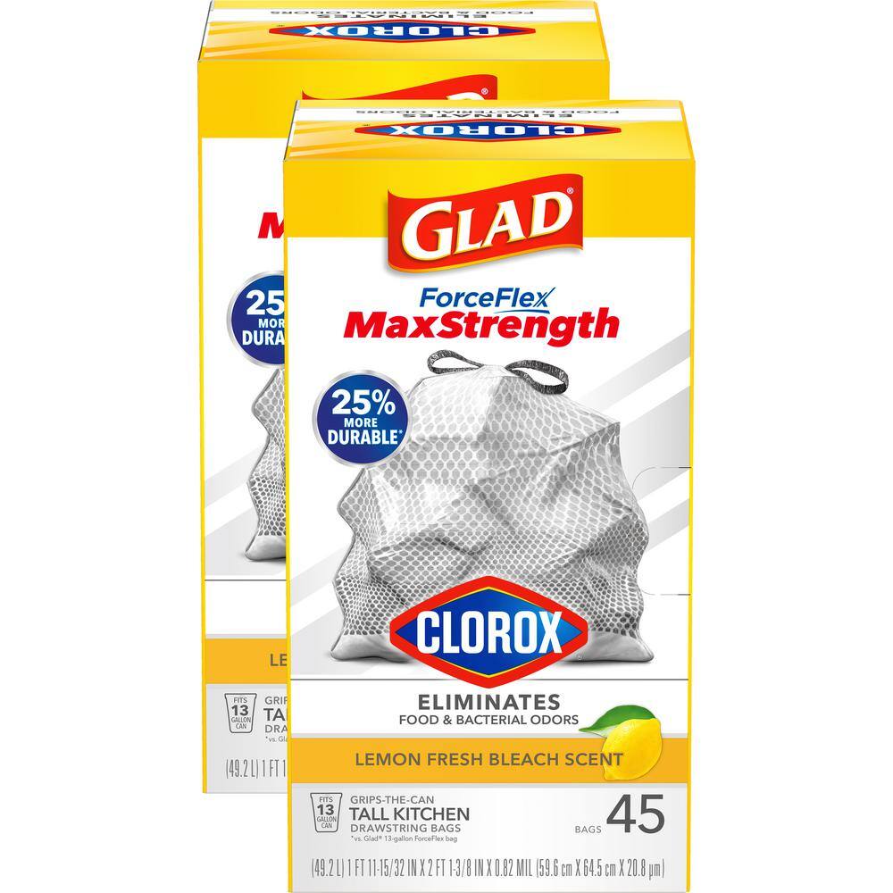 Glad ForceFlex MaxStrength 13 Gal. Lemon Fresh Bleach Scent Grey Kitchen Drawstring Trash Bags with Clorox (45-Count 2-Pack) C-316105701-2