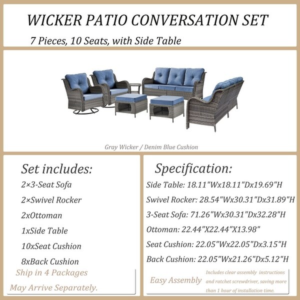 Wicker Patio Furniture Conversation Set with High Back Swivel Chairs and Storage Ottomans，Cushions Included🎃