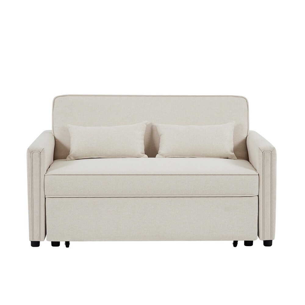 Modern Linen Convertible Loveseat Sleeper Sofa Couch with Adjustable Backrest  Pull Out Bed and 2 Lumbar Pillows  Ivory