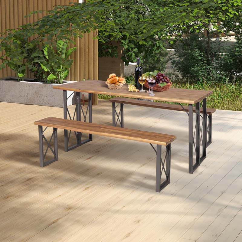 3 Pcs Acacia Wood Outdoor Picnic Table Bench Set with 2