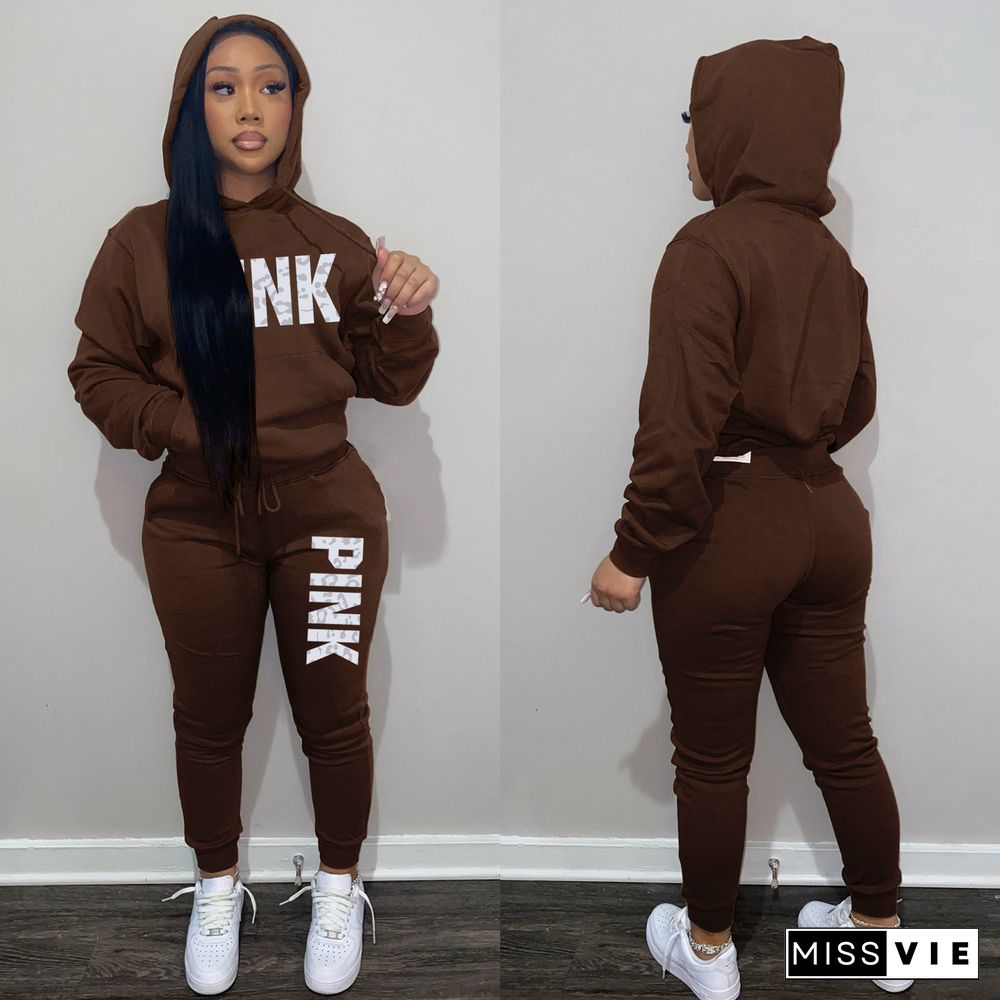 Winter Letter Print Hoodies and Pants Sports 2 Piece Sets