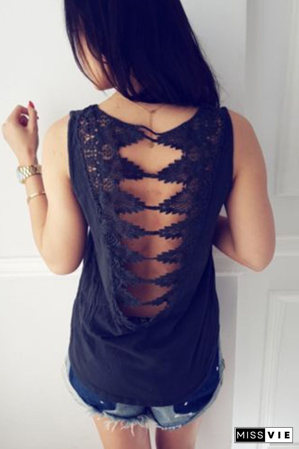 Black Lace Hollow Out O-Neck Vest Tank Top