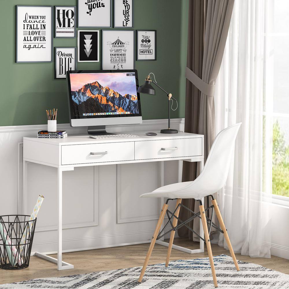 TRIBESIGNS WAY TO ORIGIN Halseey 39.4 in. Rectangle White Wood 2-Drawer Computer Desk HD-M0192