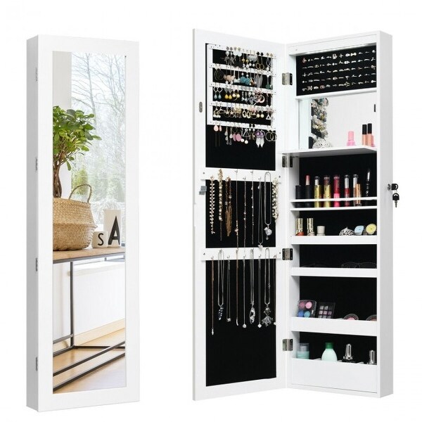 Lockable Wall Door Mounted Mirror Jewelry Cabinet with LED Lights - 14.5