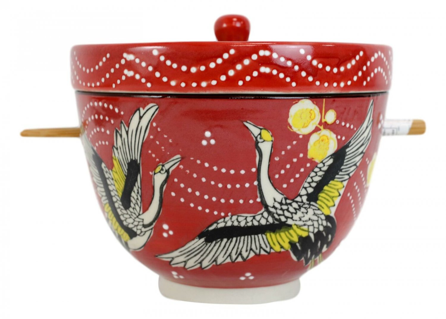 1 Red Flying Crane Ramen Bowl With Tempura Divider Condiment Lid Chopsticks Set EBR02