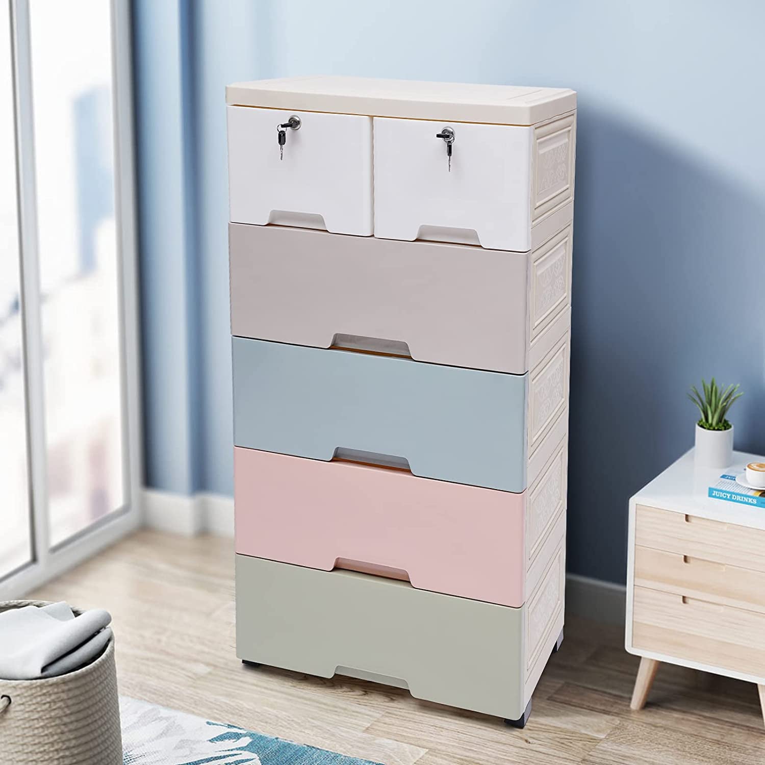 FETCOI 5 Layers Storage Cabinets 6 Drawer Plastic Cabinet Dresser Closet Clothes Storage (Macaron color)