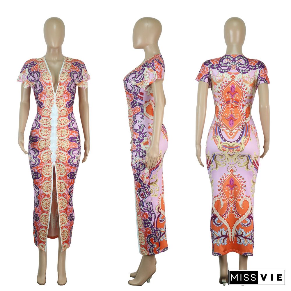 Printed V-neck Ethnic Style Slit Pleated Dress