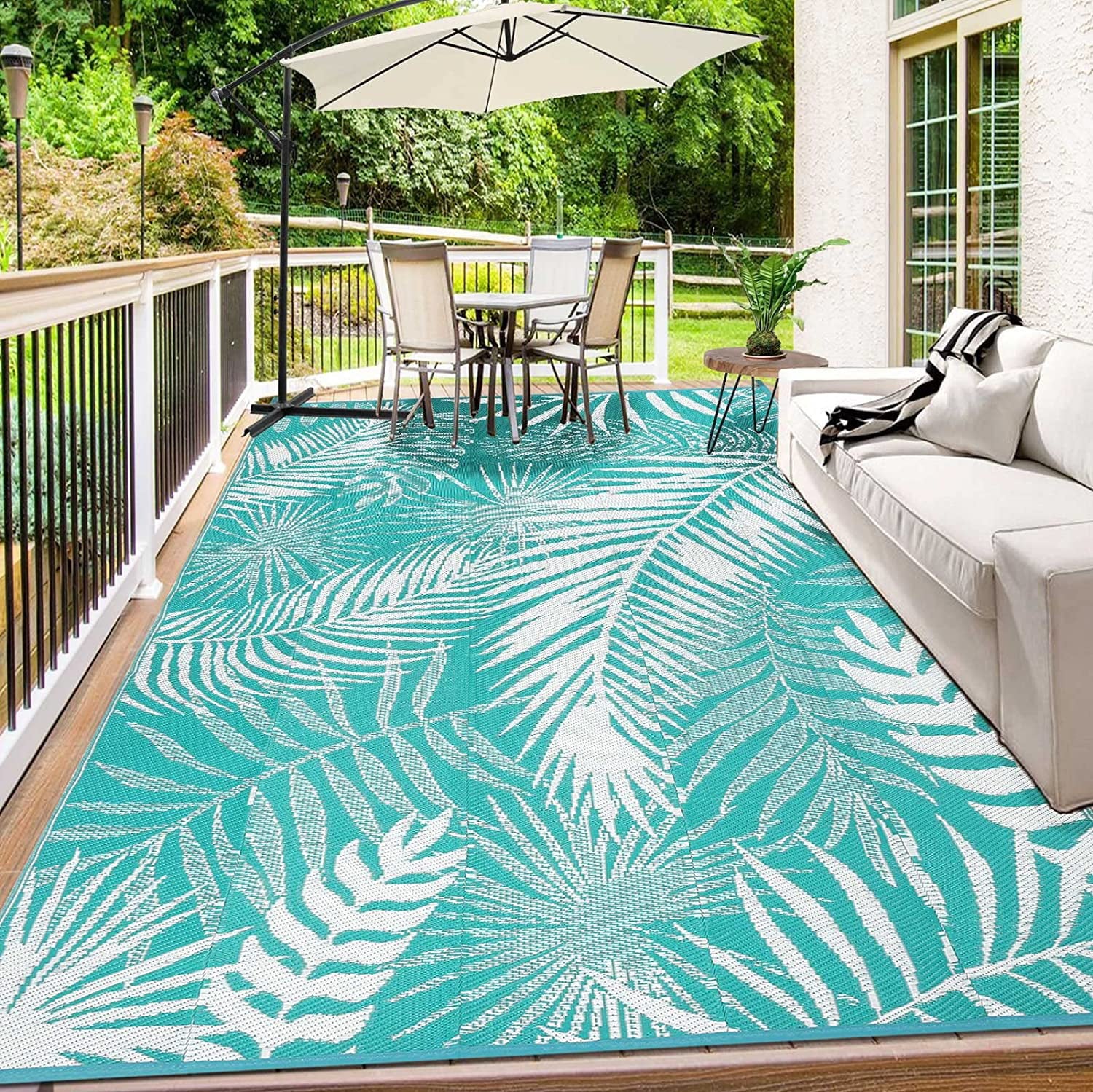 MeyJey High Quality Plastic Straw Reversible Outdoor Rugs Waterproof Leaf Carpet for RV, Patio, Deck, Camping 6' x 9' Teal