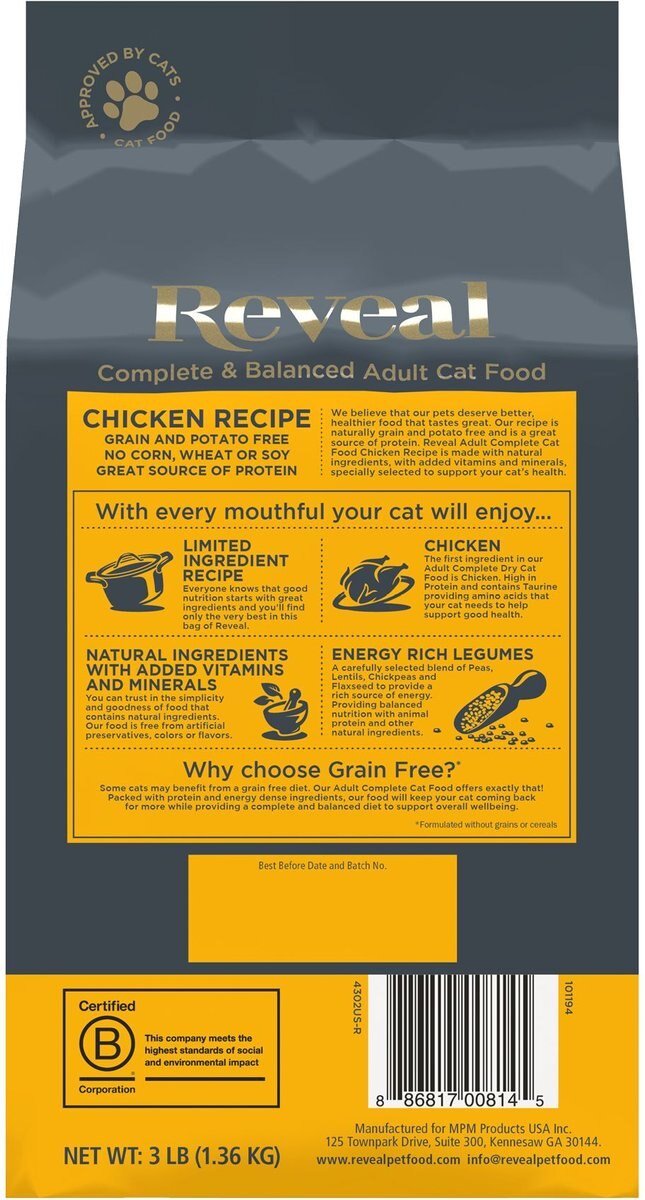 Reveal Natural Complete and Balanced Grain Free Chicken Recipe Dry Cat Food， 3-lb bag