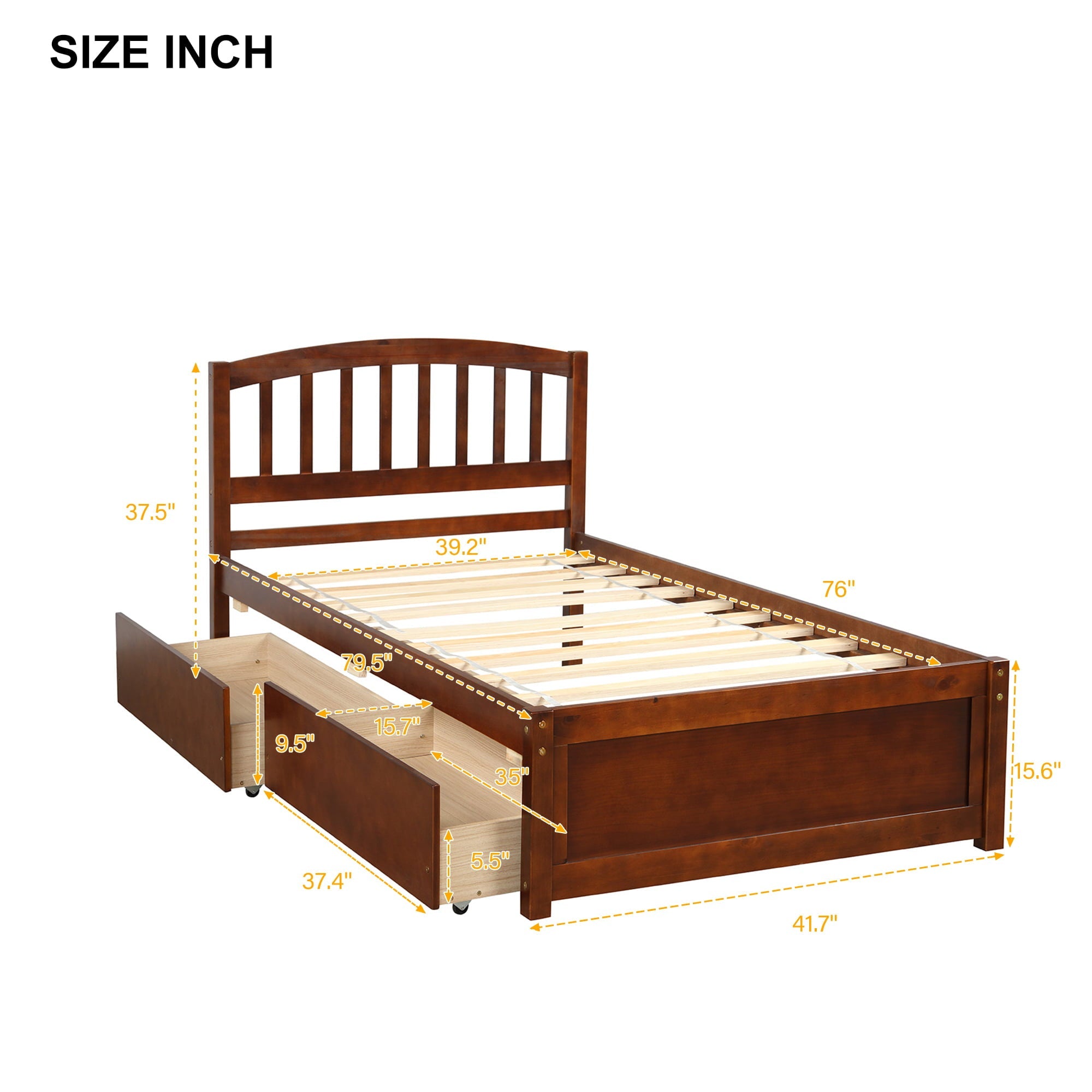 Twin Platform Bed Frame with Storage Drawers, Kids Twin Size Bed Frame No Box Spring Needed, Solid Wood Platform Beds with Headboard and Two Drawers, Modern Single Bed Bedroom Furniture, Walnut, J1169