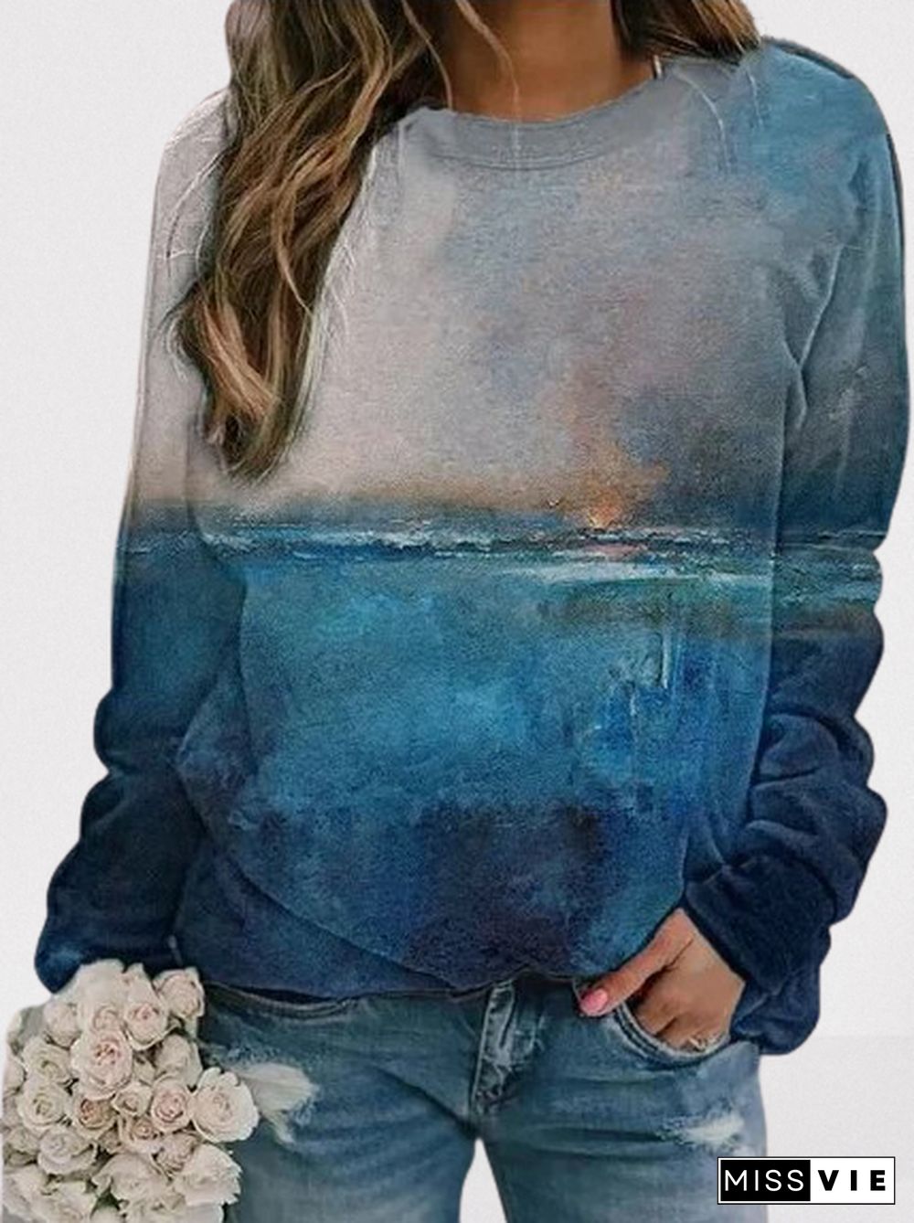 Art Oil Painting Long Sleeve Crew Neck Sweatshirts