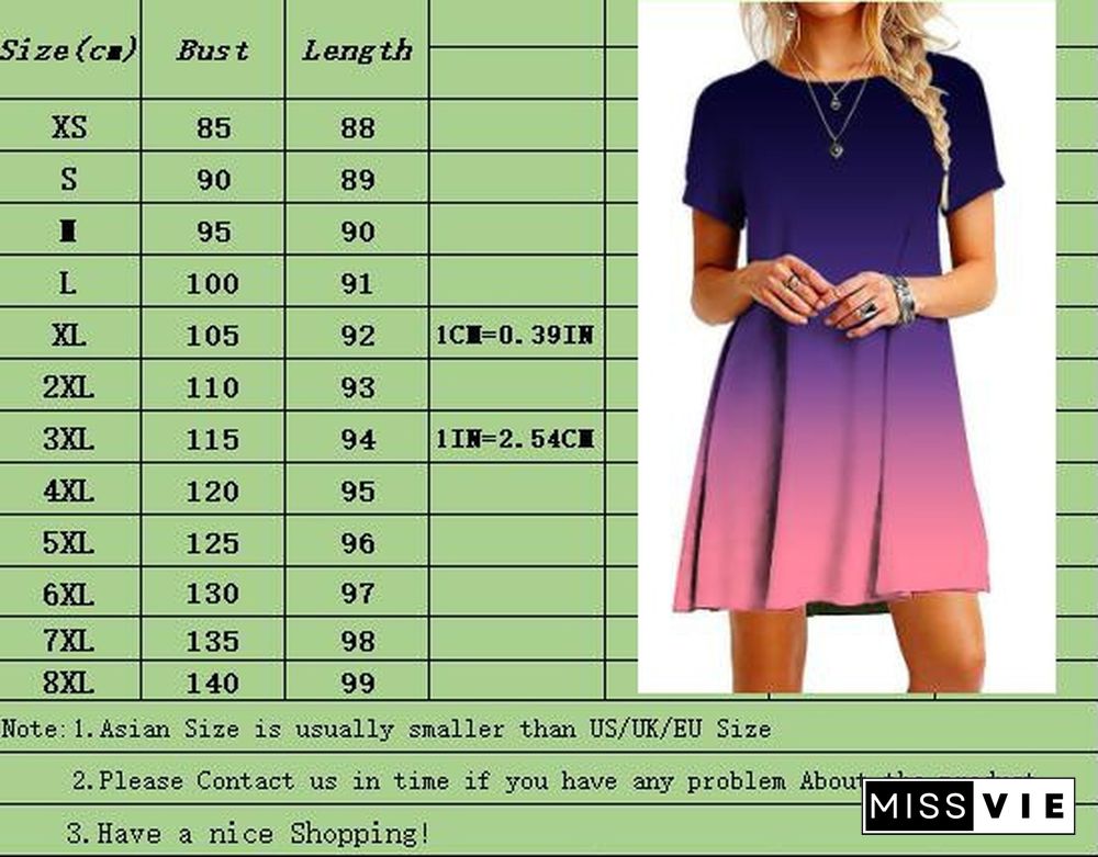 Womens Fashion Summer Clothing Casual Short Sleeved Tie Dye Printed T-shirt Dress Crew Neck Loose Mini Dresses Ladies Beah Party Knee Length Skirt Plus Size Cotton Dress