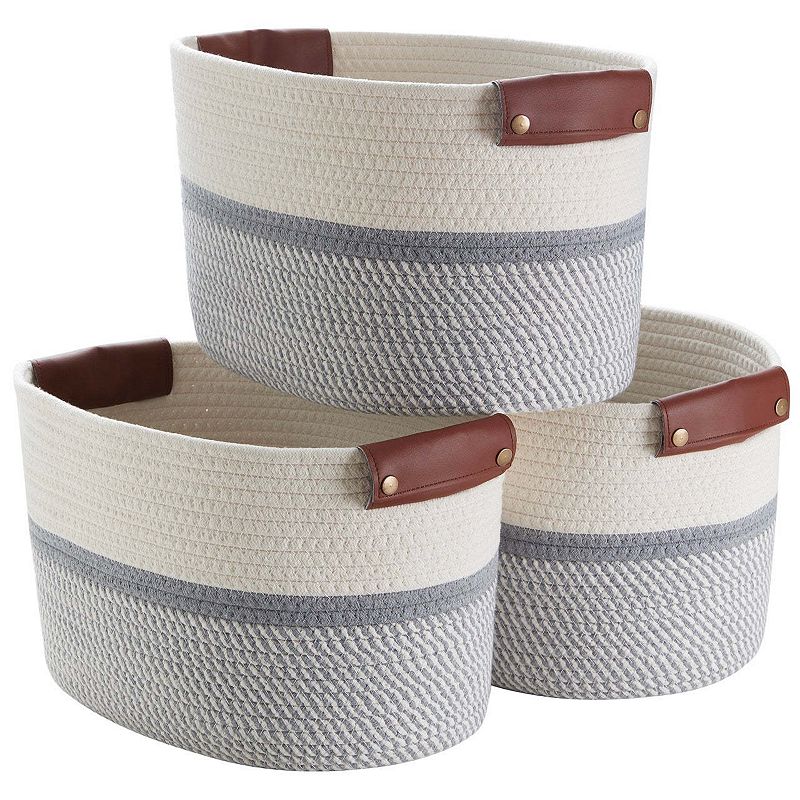 3 Pack Woven Cotton Rope Shelf Storage Basket with Leather Handles