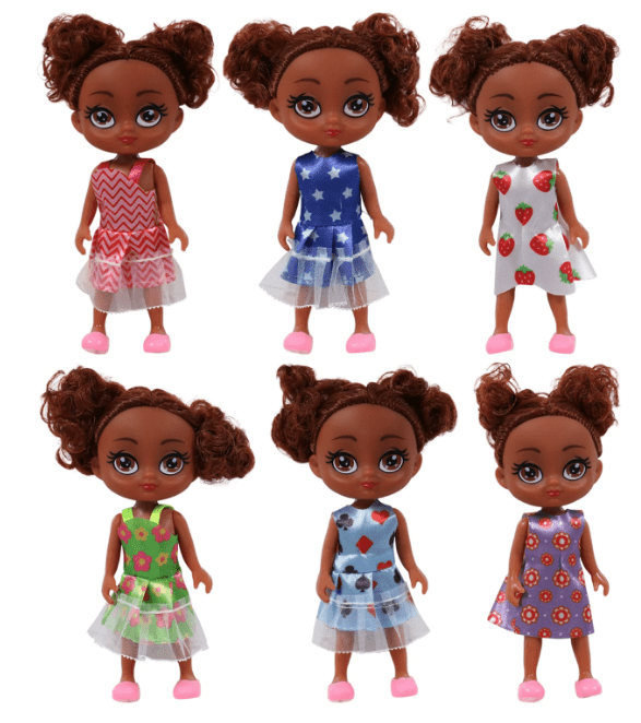 Set of 1- African American Dolls, 5-in. Toys for Doll House Kids Gifts Ages 3+ Doll House Family of 5 Baby for Doll House African American Black Hispanic Latino Dolls for Playhouse School Day Care