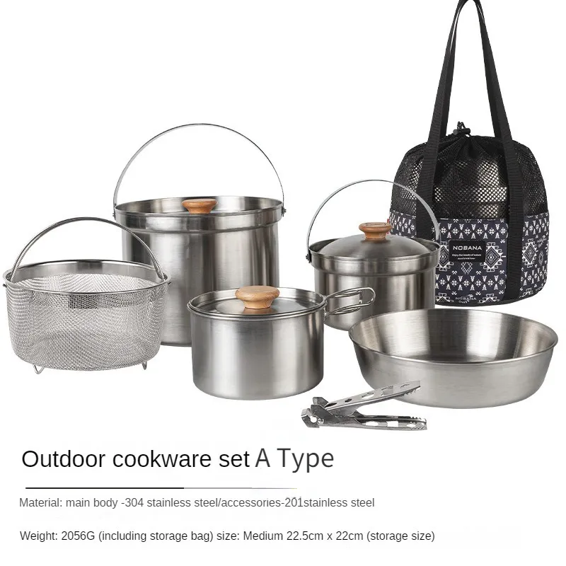 304 Stainless Steel Portable Outdoor Pot Set of  Kitchenware Camping Cooking Set Picnic  for 3 5 Person