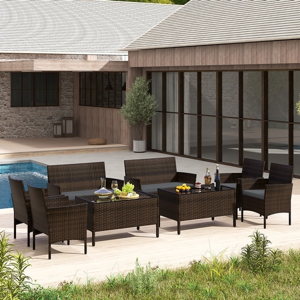 Gymax 8 Piece Patio Rattan Conversation Set Outdoor Wicker Furniture