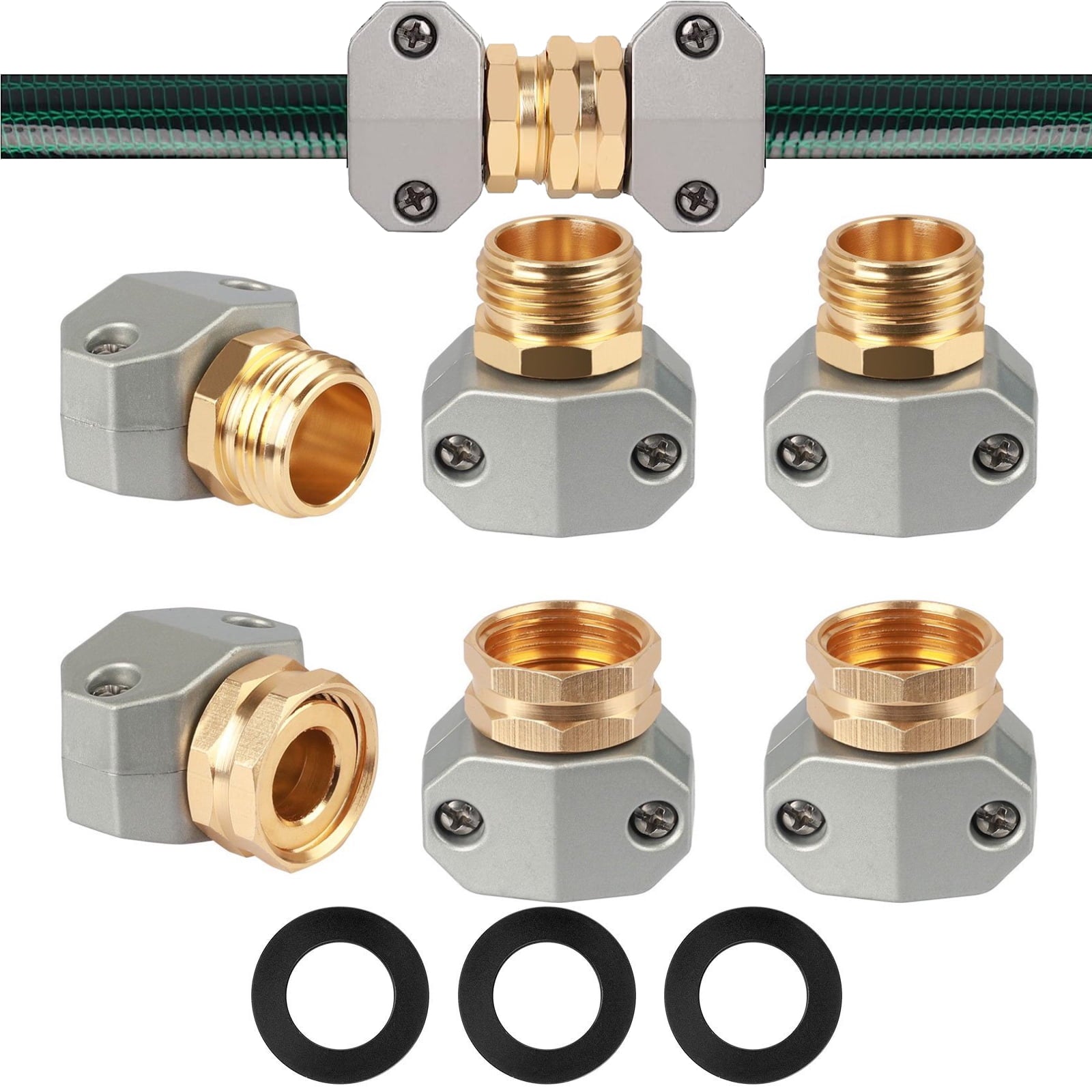 TSV 3 Sets Garden Hose Repair Connector Fittings， Aluminum Mender Male and Female Hose End Connectors with Zinc Clamp， Fit for 3/4