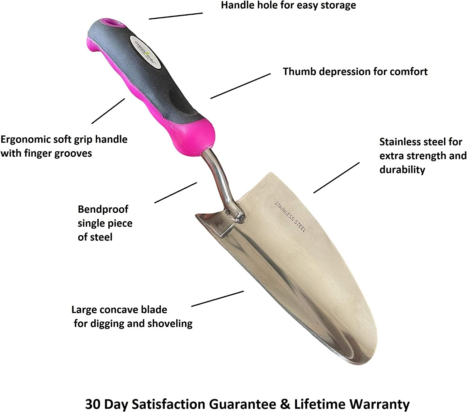 Garden Guru Super Strong Garden Trowel Hand Shovel, Rust Resistant Stainless Steel, Perfect Gardening Tools, Weeding, Transplanting and Digging, Pink