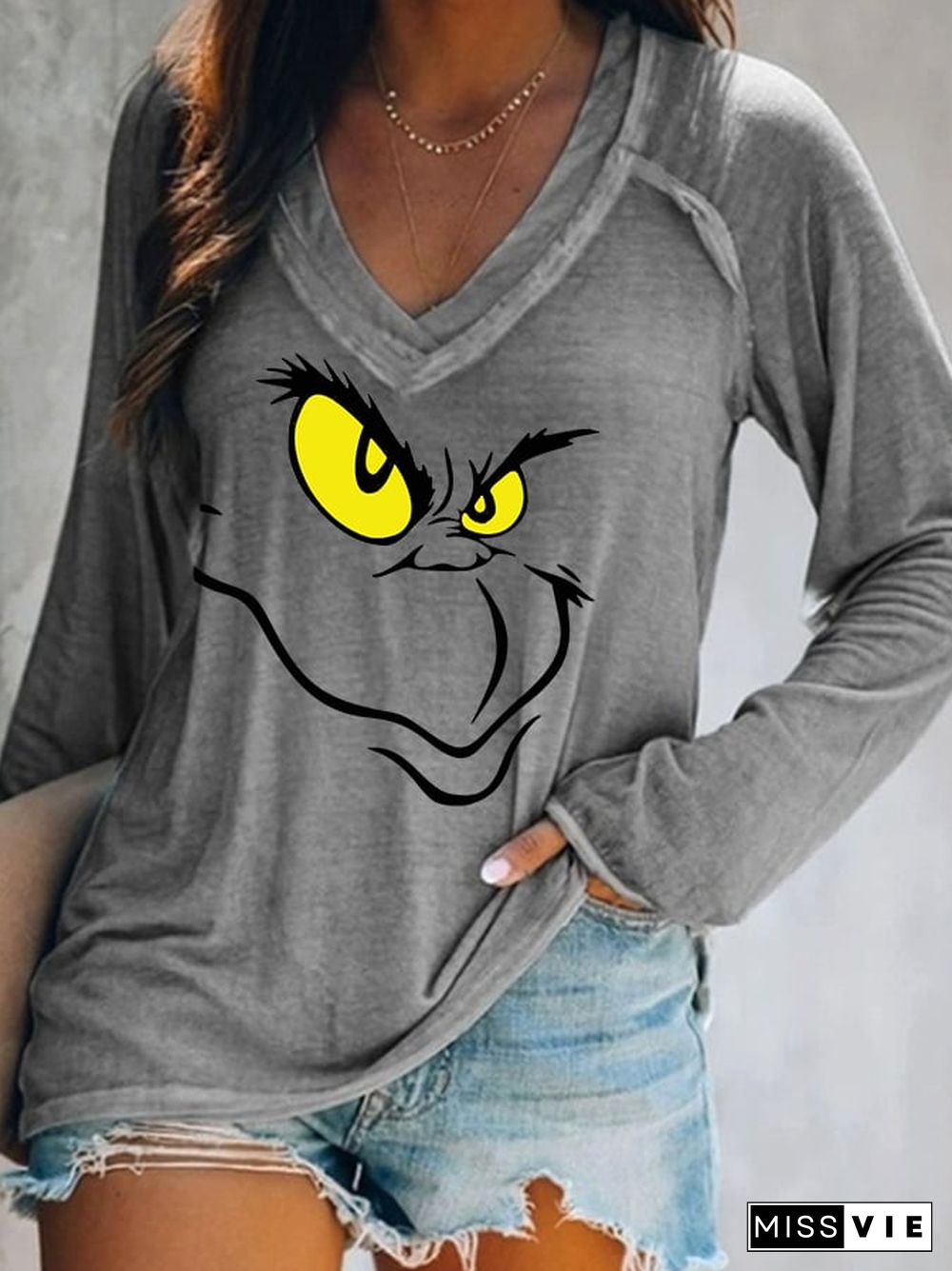 Women's Christmas Cartoon Character Casual V-Neck Long-Sleeve T-Shirt