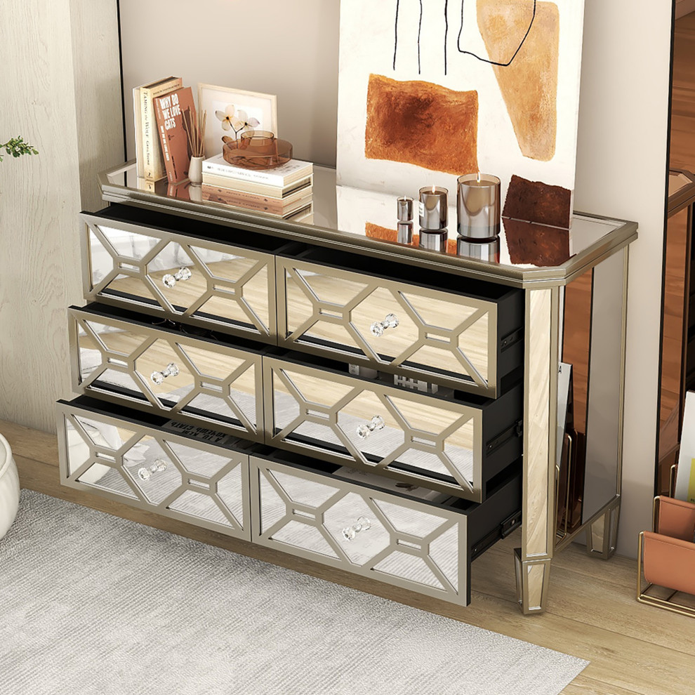 Gewnee Elegant Mirrored 6 Drawer Dresser With Golden Lines Storage Cabinet   Modern   Console Tables   by GEWNEE INC  Houzz