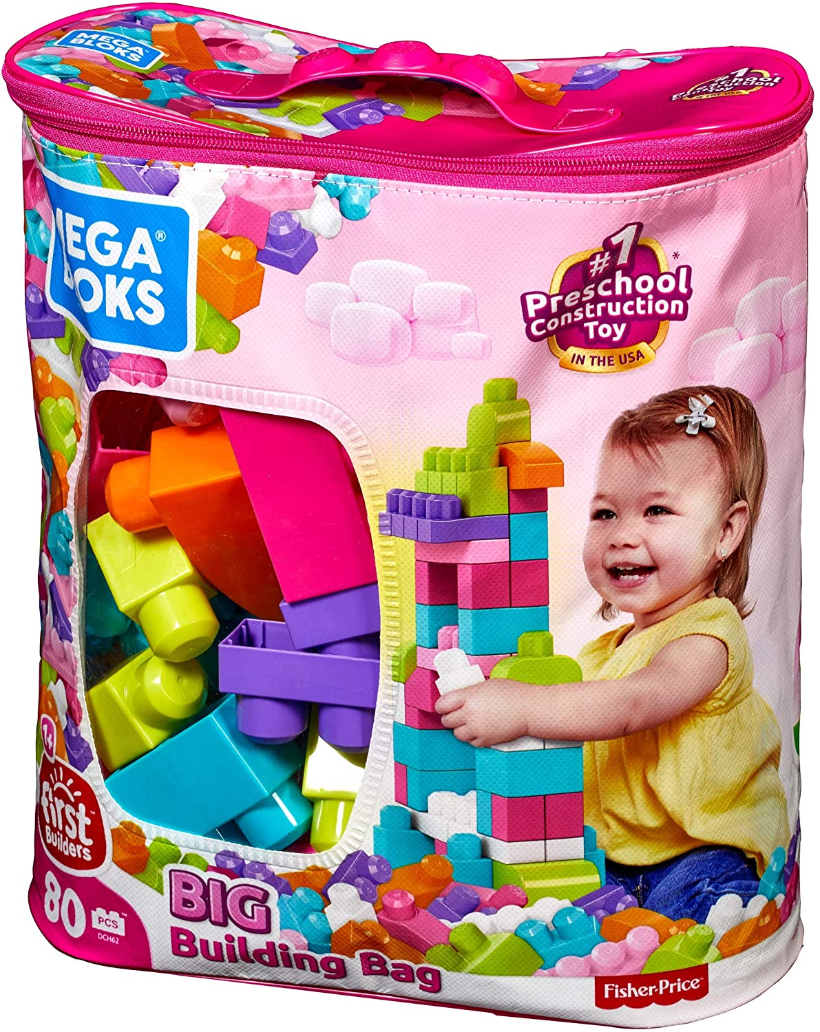 Mega Bloks First Builders Big Building Bag， Building Toys for Toddlers- Pink Bag