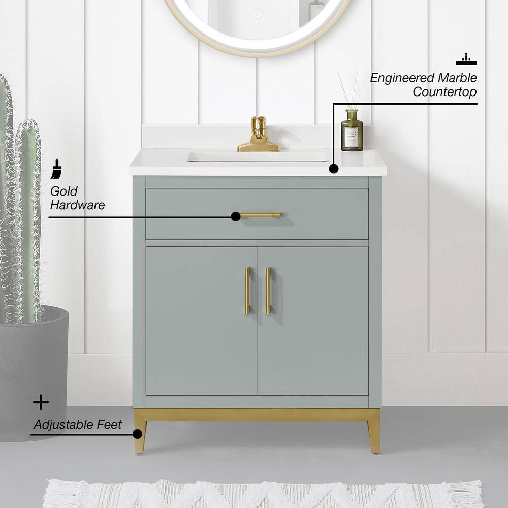 OVE Decors Diya 30 in. W x 22 in. D x 34.5 in. H Bath Vanity in Sage Green with White Engineered Marble Top 15VVA-LUDO30-15