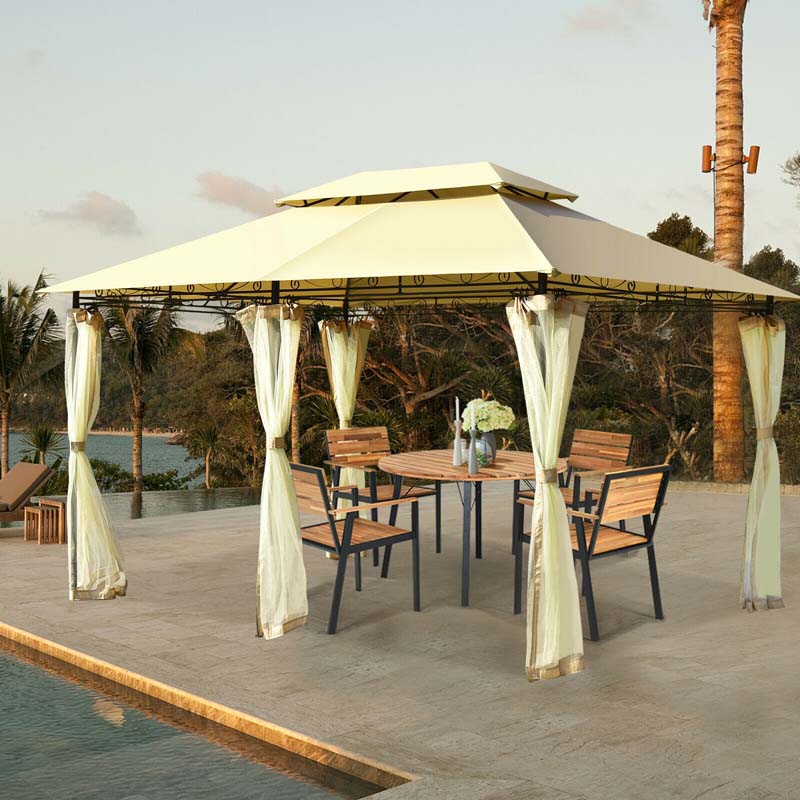 10 x 13 FT Steel Patio Gazebo with Mesh Curtains, 2 Tier Vented Roof Outdoor Canopy Gazebo Tent