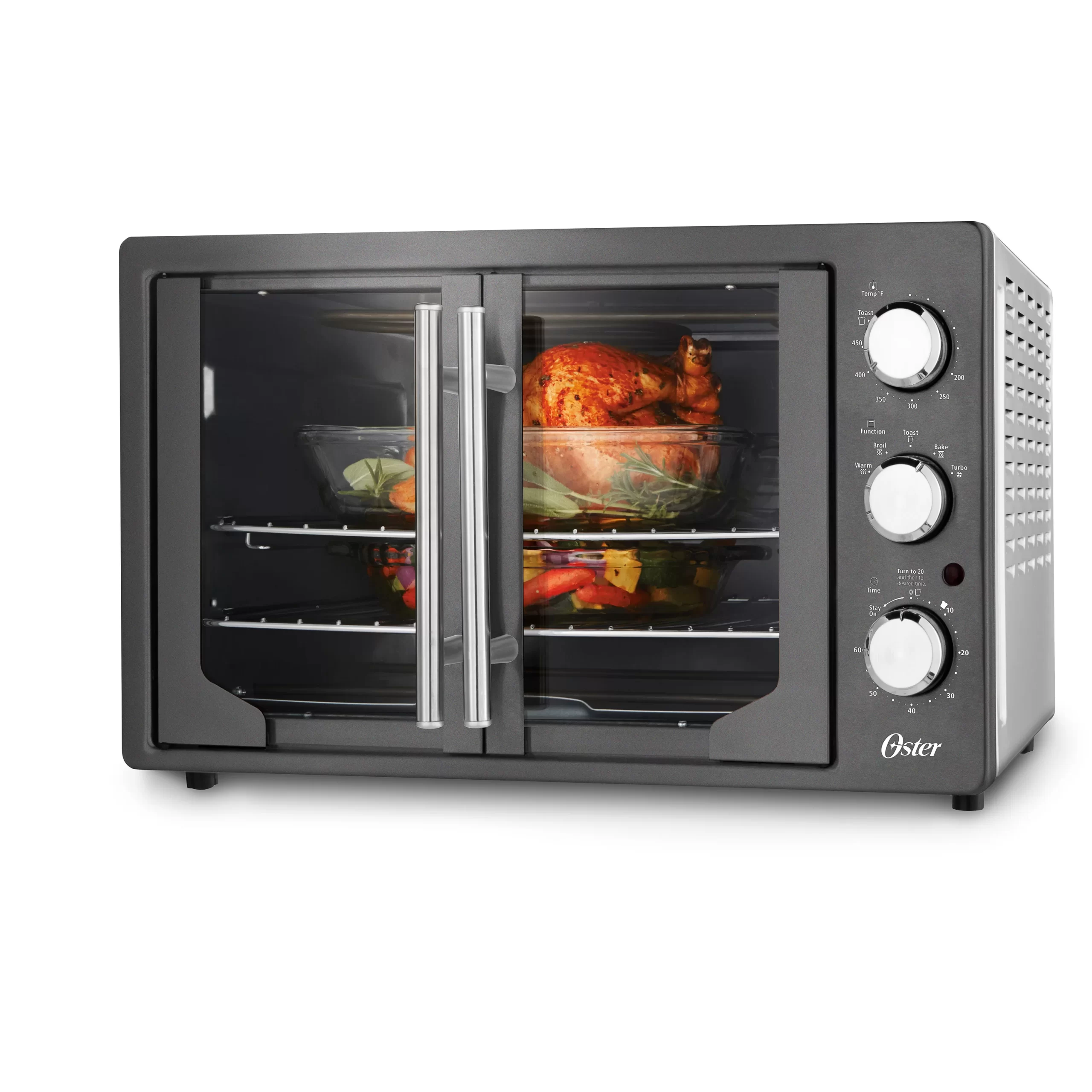 Oster 31160840 Extra Large Single Door Pull French Door Turbo Convection Toaster Oven with 2 Removable Baking Racks， Metallic and Charcoal