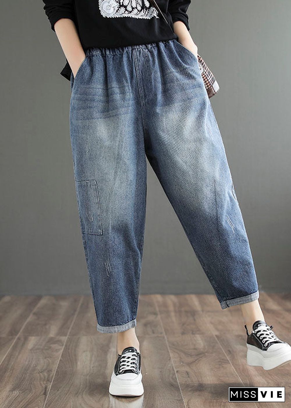 Stylish Denim Blue Solid Color Elastic Waist Pockets Patchwork Applique Cotton Harem Pants Summer