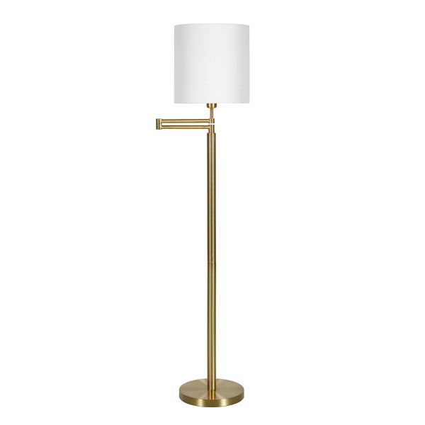 Moby Swing Arm Floor Lamp with Fabric Drum Shade in Brass/White