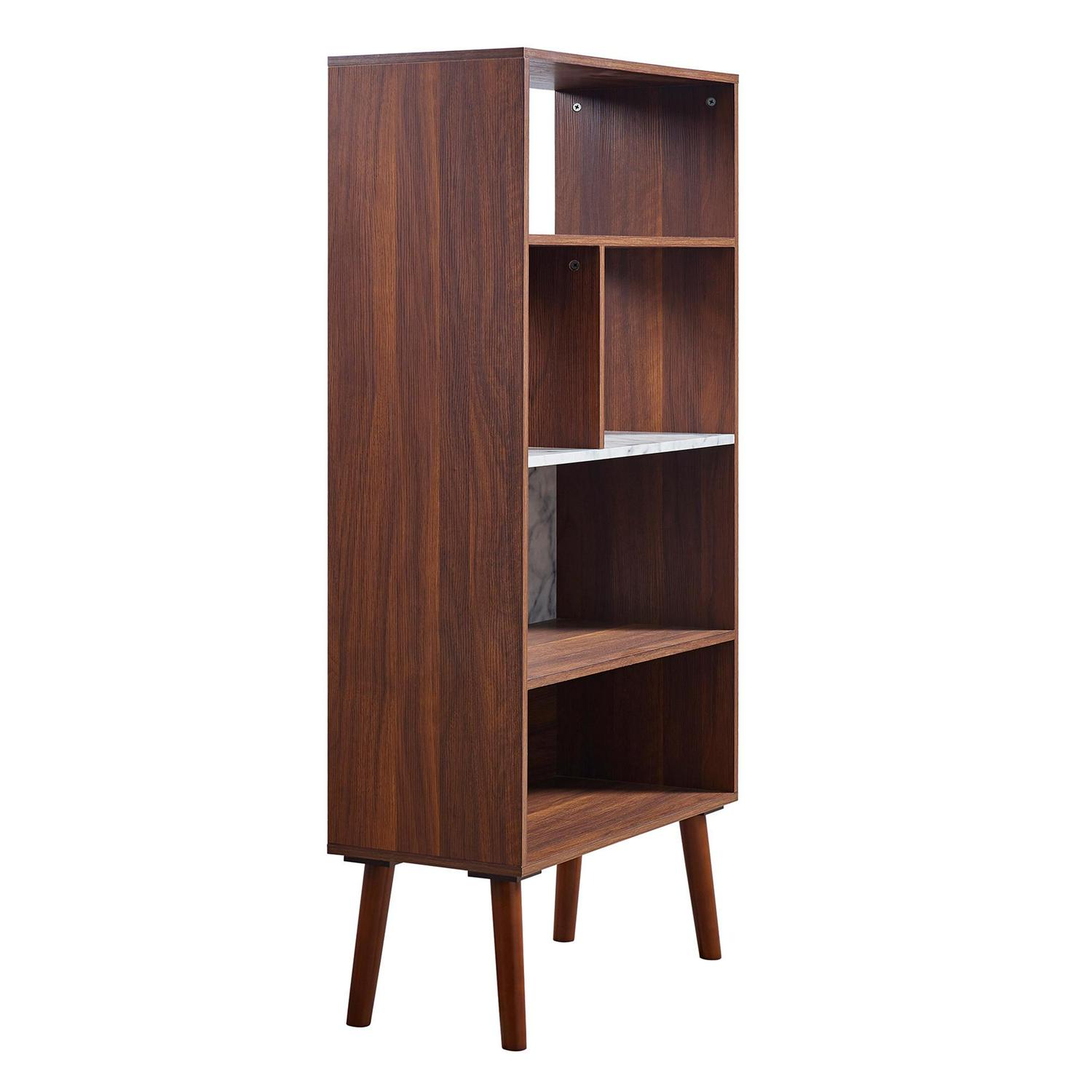 Versanora Kingston Wooden Bookcase with Faux-Marble Accents， Marble/Walnut