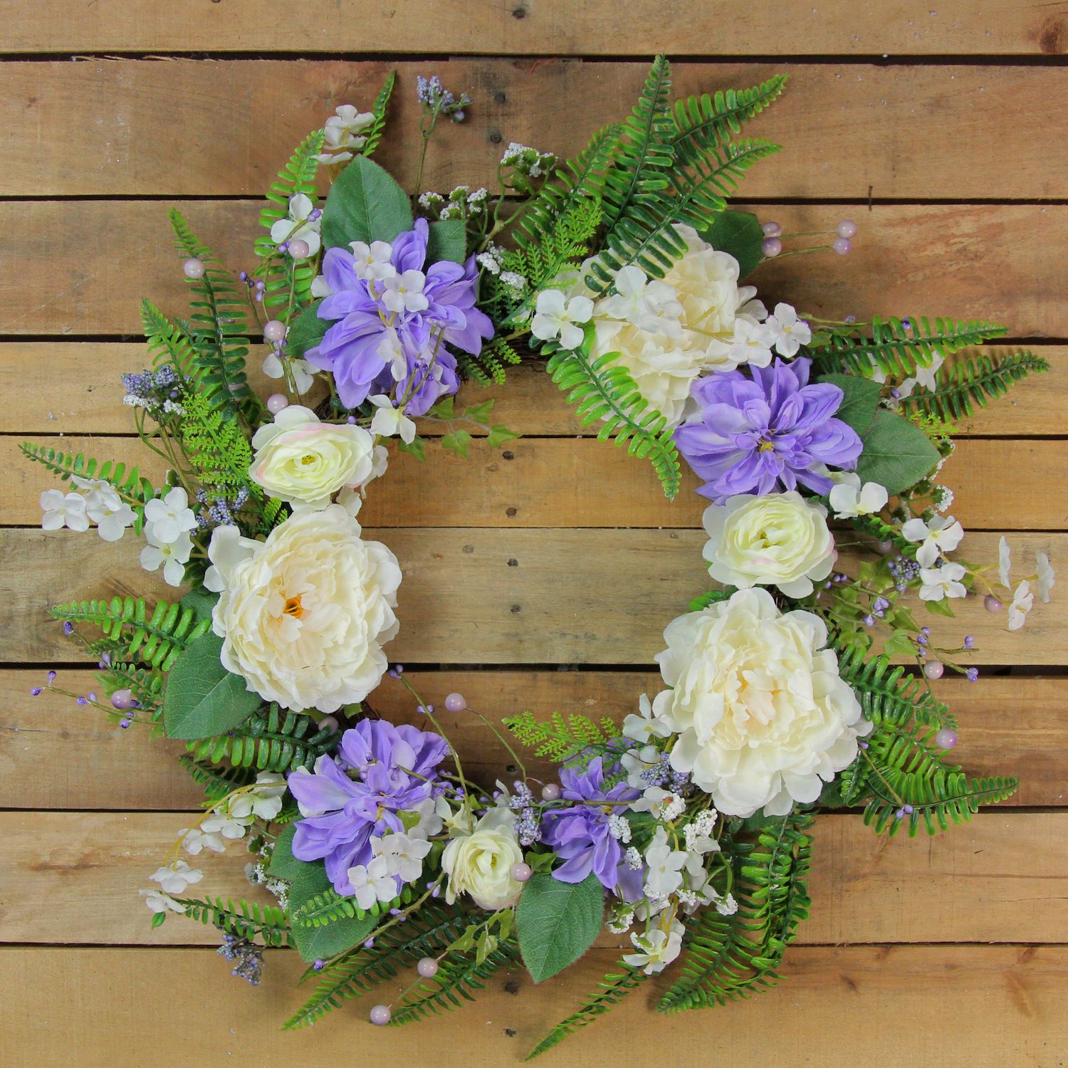 Daisy and Peony Foliage Twig Artificial Floral Wreath  Purple 22-Inch