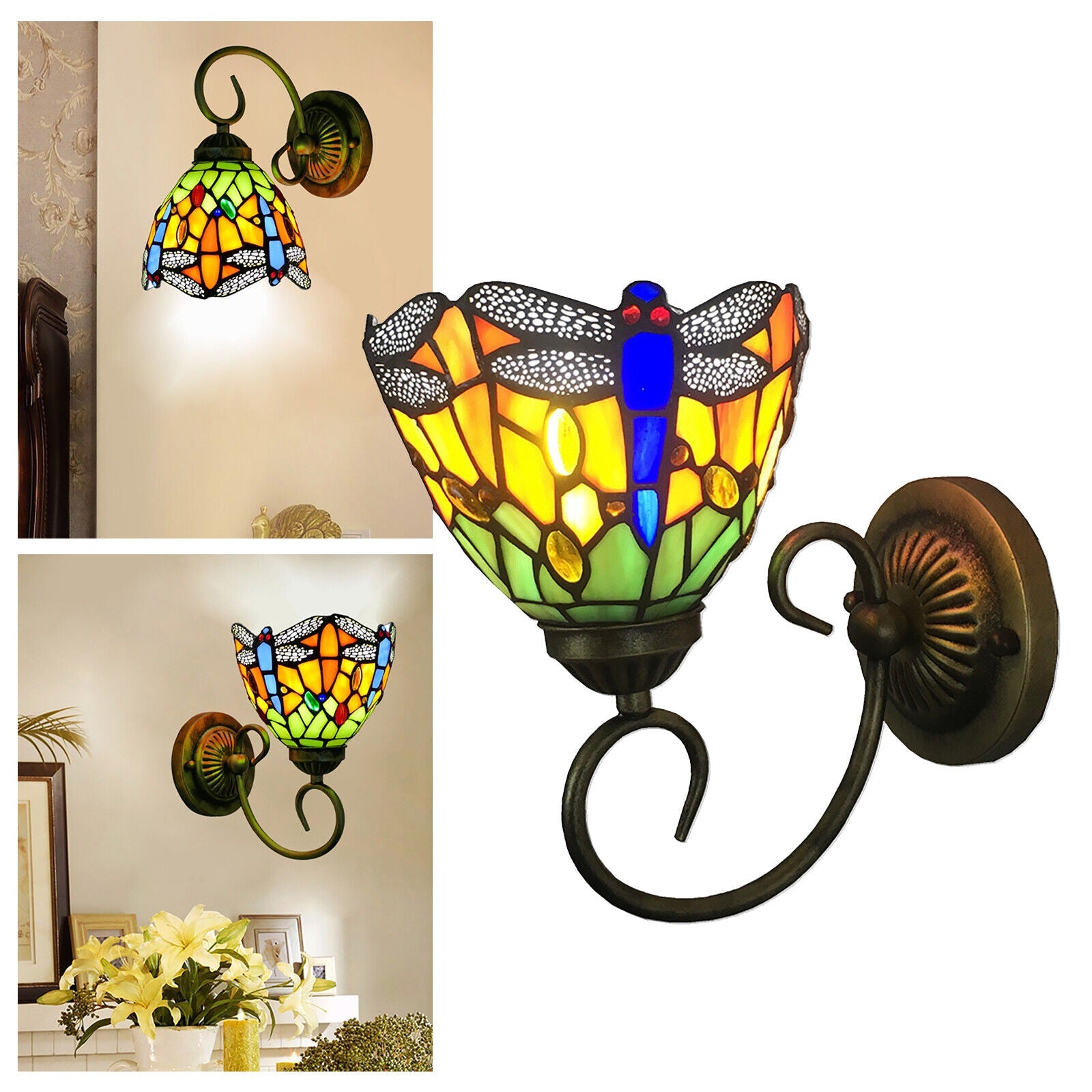 Tiffany LED Wall Lamp Stained Glass Shade Hanging Light Fixture Large Design Suitable for Study Room Restaurant Bar E27 (Bulb Not Included)