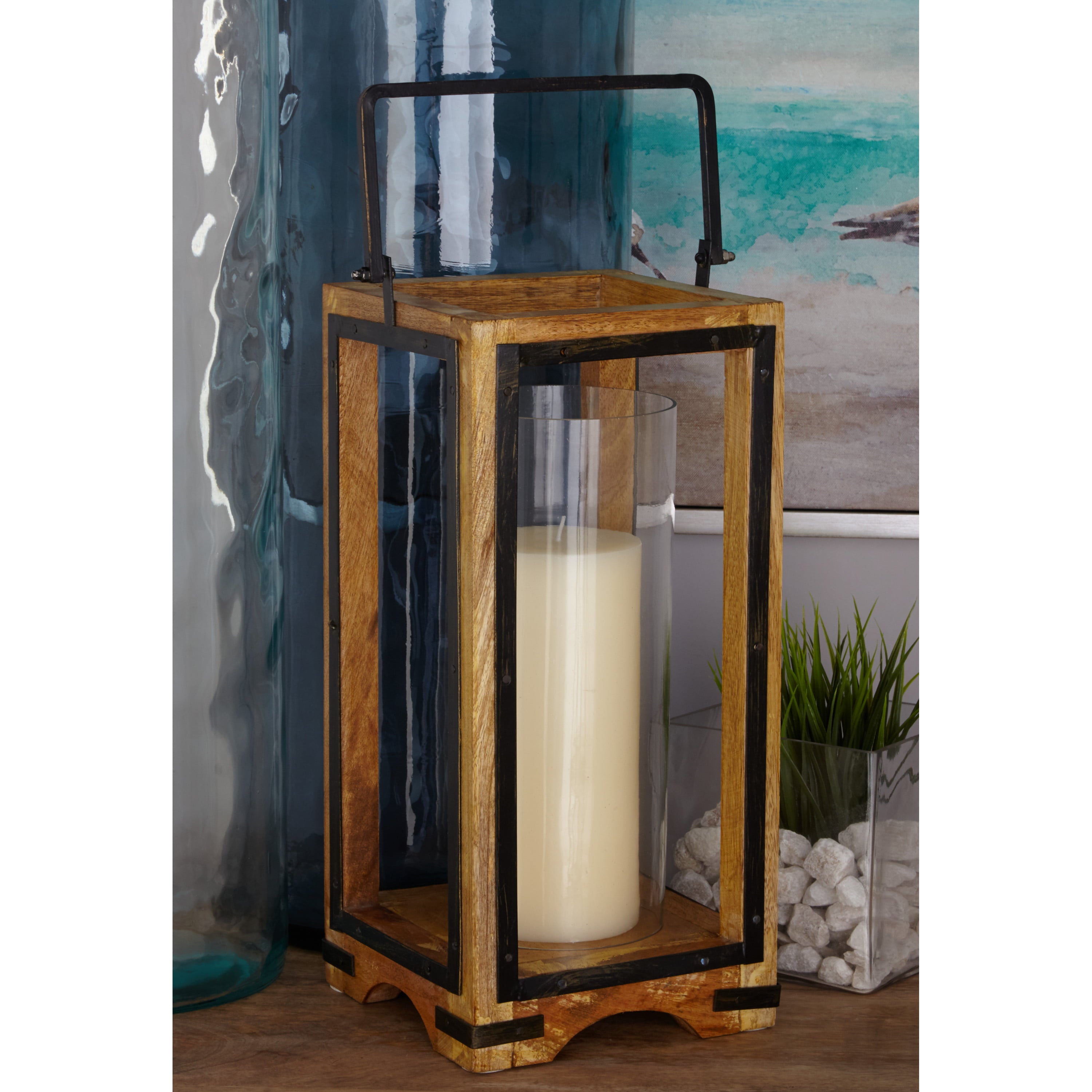 DecMode Brown Mango Wood Handmade Pillar Candle Lantern