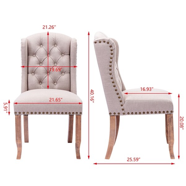 Modern Set of 2 Upholstered Fabric Dining Chairs with Wing Back Tufted Button and Sturdy Wooden Legs Suitable for Dining Room