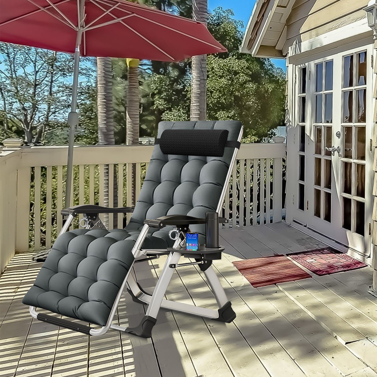 Docred Oversized Padded Zero Gravity Chair, Folding Outdoor Patio Recliner w/ Headrest &Detachable Cushion Side Tray